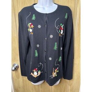 Croft & Barrow Winter Penguin Cardigan Sweater Large Button Up Black